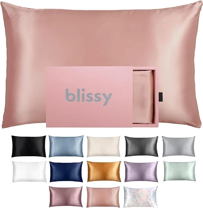 Exclusive Blissy Silk Pillowcase - Pure Mulberry Silk - 22 Momme 6A High-Grade Fibers - Silk Pillow Cover for Hair amp Skin - Regular Queen amp King Rose Gold King Selected