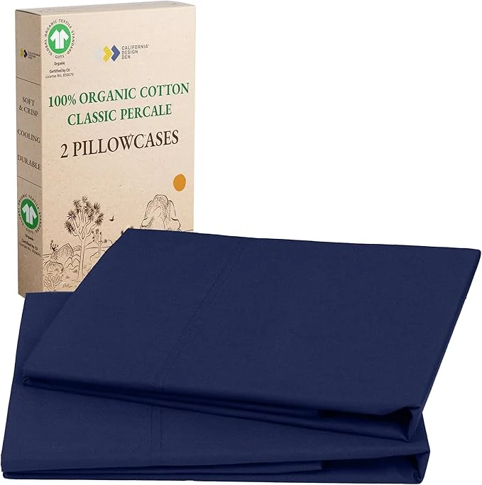 Relaxed California Design Den Organic Cotton Pillow Cases Standard Size Queen Size Set of 2 Soft amp Crisp Percale Weave Cotton Pillowcases Navy Effective