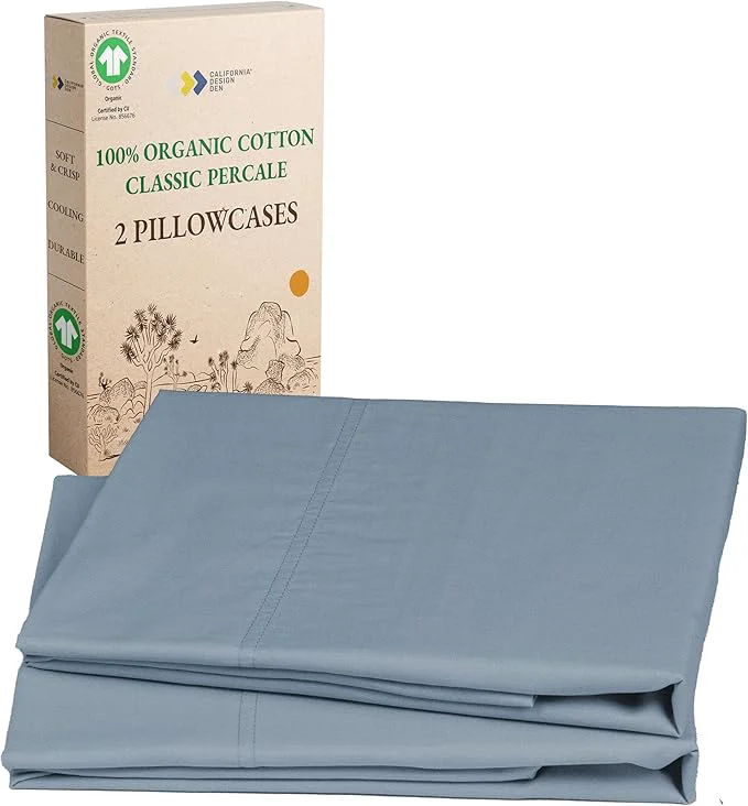 Pure California Design Den Organic Cotton Standard Queen Pillow Cases 2 Soft Percale Weave Cotton Pillowcases Blue Hydrangea Clean