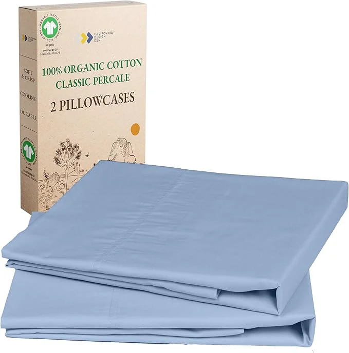 Authentic California Design Den Soft Organic Cotton Pillow Cases Queen Size Set of 2 - Crisp and Breathable Percale Durable Pillowcases Standard Queen with Envelope Closure - Light Blue Versatile