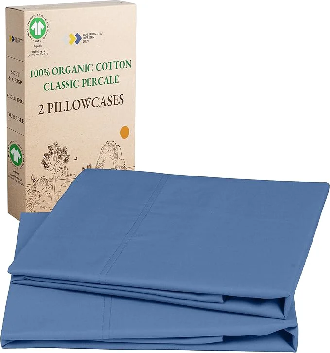 Effective California Design Den Pillow Cases Queen Standard - Soft Organic Cotton Crisp and Breathable Percale Durable Organic Pillow Cases with Envelope Closure - Riviera Blue Quality