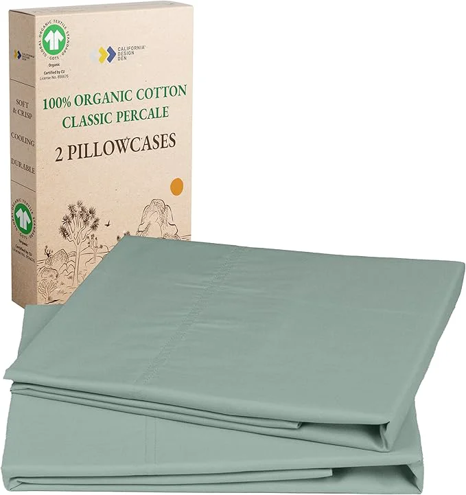 Prestigious California Design Den Standard Queen Pillow Cases Set of 2 - Soft Organic Cotton Crisp and Durable Percale Pillow Cases with Envelope Closure - Sage Green Long-Lasting