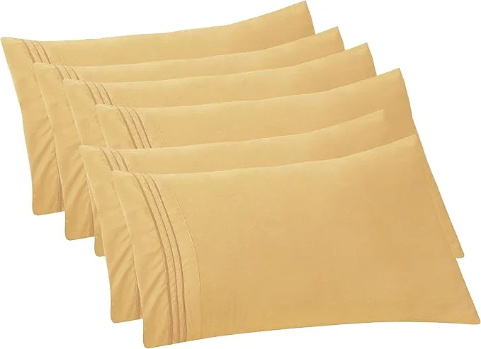Eco-Friendly Elegant Comfort 6-PACK Solid Pillowcases 1500 Premium Hotel Quality Microfiber - Smooth Weave Wrinkle and Stain Resistant Easy Slip-On 6-Piece Set Standard Queen Pillowcase Gold Functional