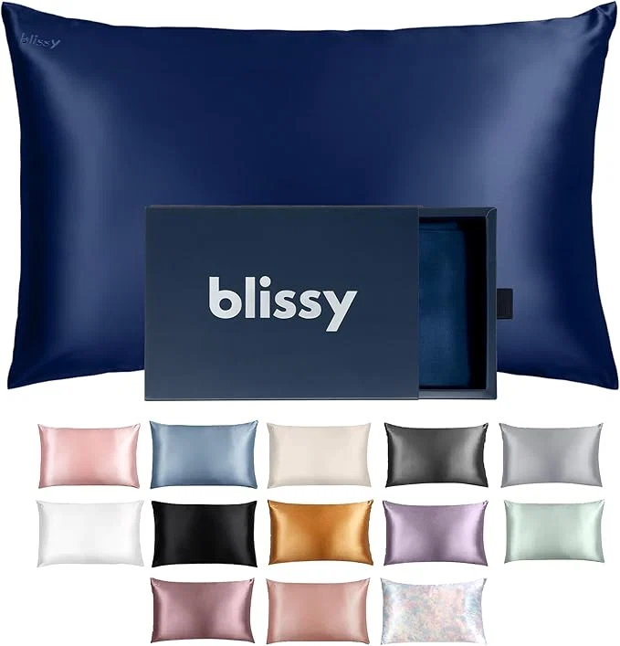 Premium Blissy Silk Pillowcase - Pure Mulberry Silk - 22 Momme 6A High-Grade Fibers - Silk Pillow Cover for Hair amp Skin - Regular Queen amp King Blue King Classic