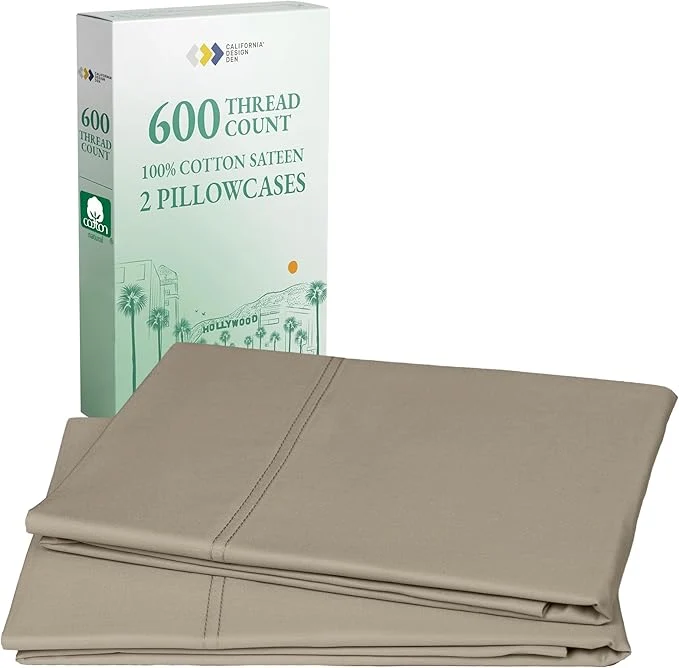 Fine Crafted CALIFORNIA DESIGN DEN Luxuriously Soft Hotel Quality 600 Thread Count Cotton Set of 2 Cases Crisp amp Cool Pillow Cases Queen Size Fits Standard amp Queen Pillows Taupe High-Grade