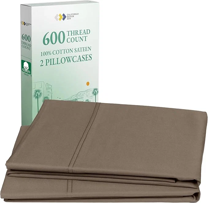 Superior California Design Den Luxuriously Soft Premium 600 Thread Count Cotton King Size Pillowcases Set of 2 Crisp Fits King Size Pillows Mushroom - Taupe Brown Next-Generation