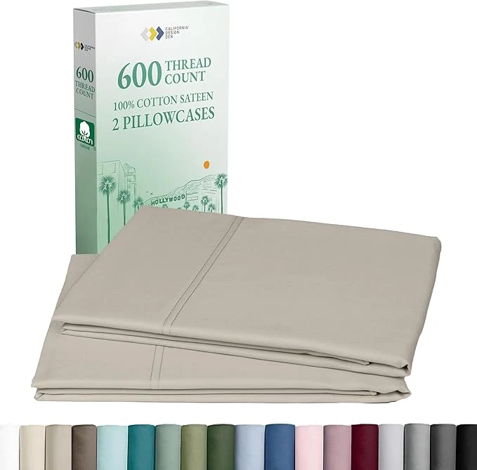 Lightweight California Design Den Premium King Size Pillowcases Set of 2-600 Thread Count Sateen Natural Cotton Pillowcases King Crisp Durable Bedding - Soft Linen Healthy