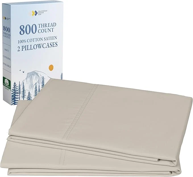 Responsible California Design Den Pillow Cases Standard Size Set of 2-800 Thread Count Sateen Natural Cotton Pillowcases Fits Standard amp Queen Pillows - Beige Outstanding