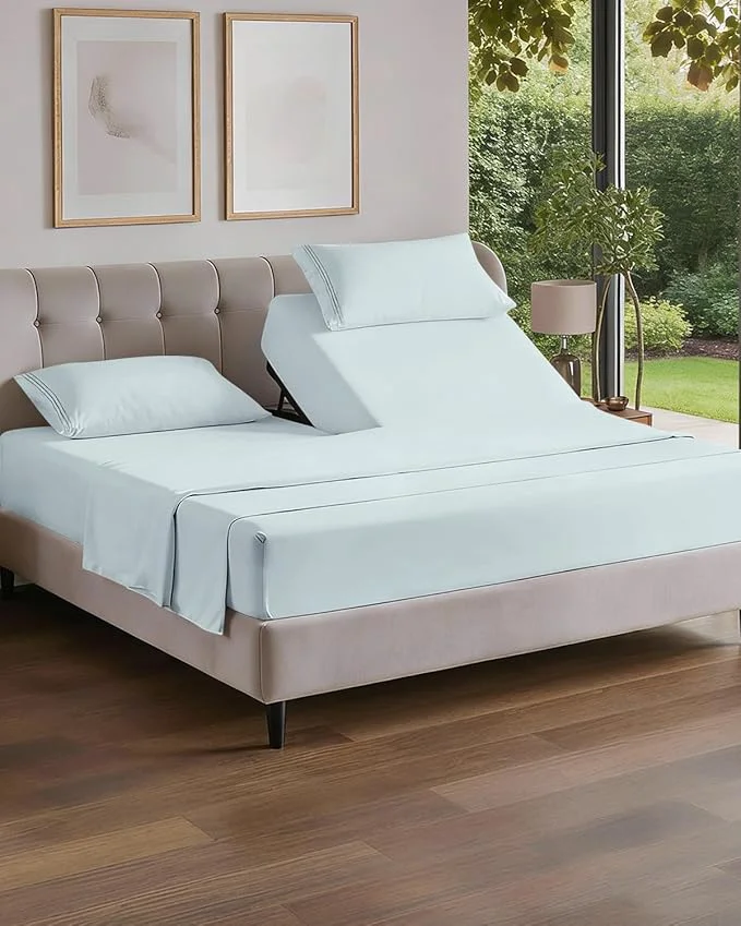 Secure Flex Top Split Head King 4 Piece Sheet Set - Comfy Breathable amp Cooling Bed Sheets Set - Hotel Luxury Bedding for Women Men Kids Teens Boys amp Girls - Deep Pockets Ultra-Soft - Oeko-Tex - Ice Blue Organic