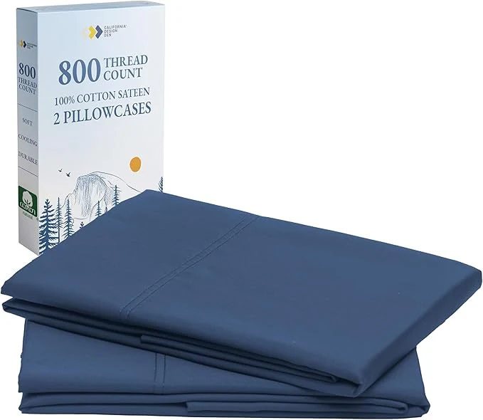 Secure California Design Den Natural Cotton Pillow Cases Queen Size Set of 2 - Luxuriously Soft and Thick 800 Thread Count Smooth Sateen Pillow Covers Queen Size Standard Size - Navy Blue Unique