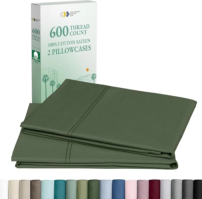 Top-Quality California Design Den King Size Pillowcase Set of 2 - Luxuriously Soft Premium 600 Thread Count Cotton Pillow Case Covers Crisp Sateen Fits King Pillows - Dark Olive Green Crafted