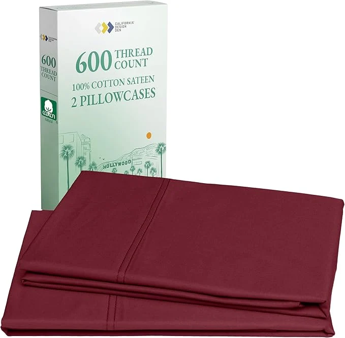Official California Design Den King Size Pillow Cases Set of 2 - Luxuriously Soft Premium 600 Thread Count Sateen Cotton Crisp Sateen Fits King Pillows - Brick Red Top-Quality