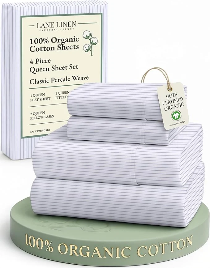 High-Performance LANE LINEN Organic Cotton Sheet Sets Queen Size 4Pc Queen Size Cotton Sheets Hotel Style Sheets Bedding Sheets amp Pillowcases Queen Sheet Sets Deep Pockets Fits Upto 15 quot - Blue Ticking Stripe Durable