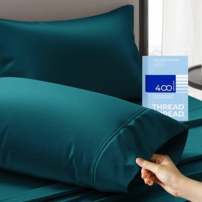 Practical THREAD SPREAD Cotton King Size Pillow Cases Set of 2 - Luxury 400 Thread Count Pillow Cases King Size Teal Soft Cooling Breathable amp Durable Sateen Weave Hotel Quality Cotton Pillowcases Premium
