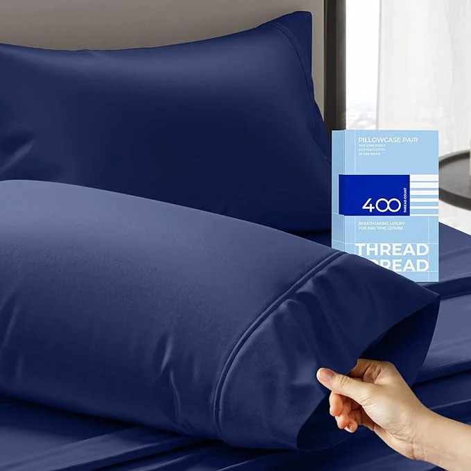Innovative THREAD SPREAD Cotton King Size Pillow Cases Set of 2 - Luxury 400 Thread Count Pillow Cases King Size Navy Blue Soft Cooling Breathable amp Durable Sateen Weave Hotel Quality Cotton Pillowcases Unique