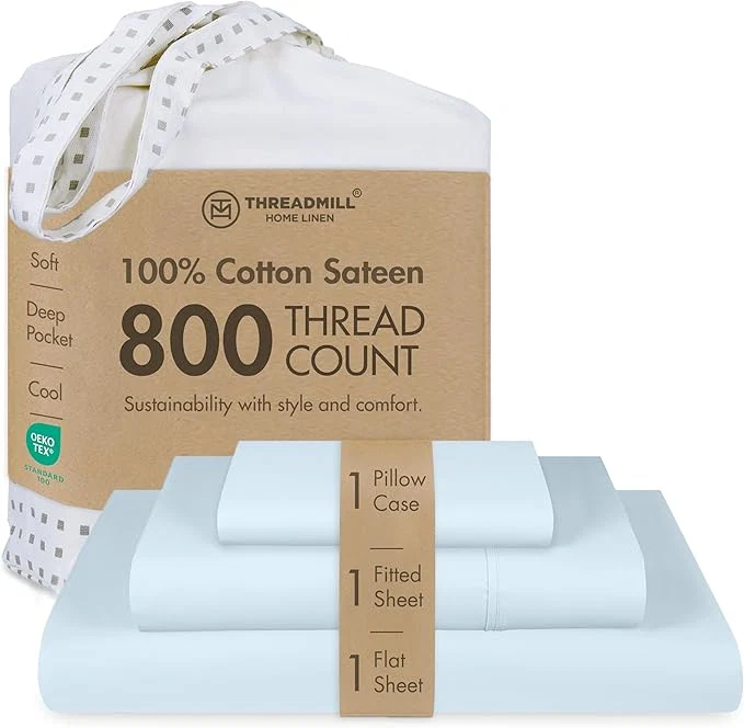 Natural Threadmill Luxury 800 Thread Count Cotton Sheets - Light Blue Sateen Weave Twin Size Bed-Sheets Better Than Egyptian Cotton 3 Pc Solid Soft Bedding Set Fits 15 quot Deep Pocket Organic