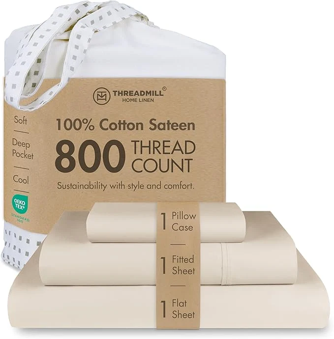 Expertly Made Threadmill Luxury 800 Thread Count Cotton Sheets - Sateen Weave Twin XL Bed-Sheets Better Than Egyptian Cotton 3 Pc Solid Soft Bedding Set Light Beige Fits 15 quot Deep Pocket Sophisticated