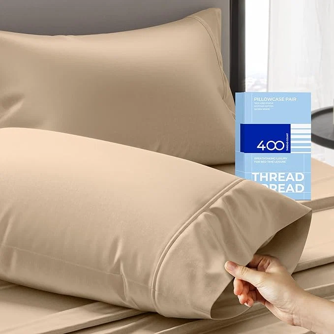 Crafted THREAD SPREAD Cotton Pillow Cases Queen Size Set of 2 - Luxury 400 Thread Count Queen Pillow Cases Taupe Soft Cooling Breathable Hotel Quality Cotton Pillowcases Fits Standard Pillows Carefully Designed