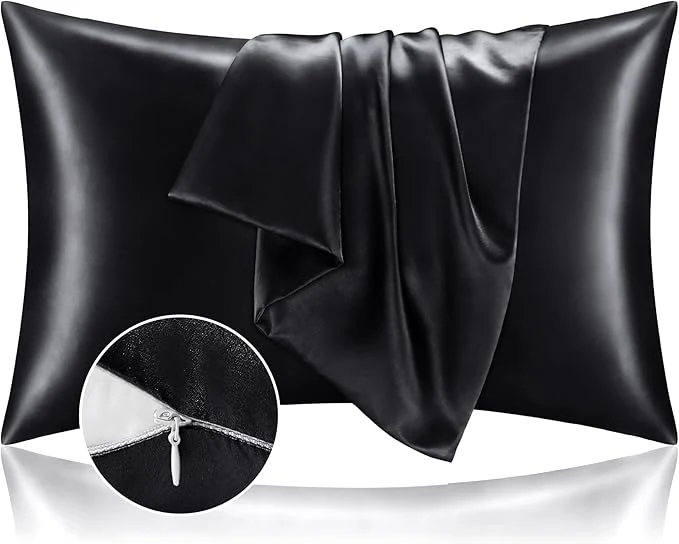 Unique BEDELITE Satin Pillowcase with Zipper Black Pillow Cases Queen Size Set of 2 Super Soft and Cooling Similar to Silk Pillow Cases Gift for Women Men 20x30 Inches Top-Quality