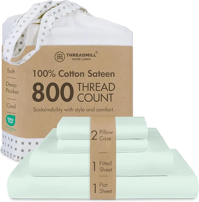 Trendy Threadmill Full Size Sheets 800 Thread Count Bed Sheets with 16 Deep Pocket for Full Size Mattress Sateen Weave Better Than Egyptian Cotton 4-Piece Bedding Set with Cooling Effect Seaglass Sustainable