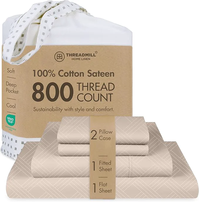 Comfortable Threadmill California King Size Sheets 800 Thread Count Jacquard Celine Light Beige 4 Piece Striped Bed Sheets Extra Long Staple Cotton Sheet Luxury Damask Sheets with Elasticized Deep Pocket Relaxed