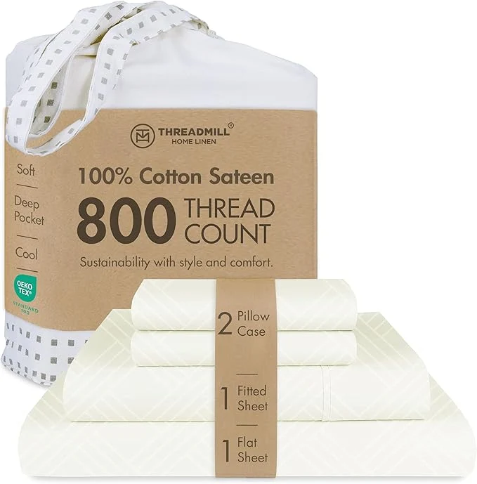 Exclusive Threadmill Luxury Cotton Full Bed-Sheets - 800 Thread Count Jacquard Celine Ivory 4 Pc Striped Sheets for Bed Damask Sheets with Elasticized Deep Pocket Recyclable