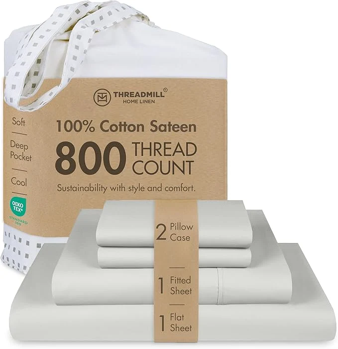 Threadmill Luxury 800 Thread Count King Cotton Sheets - Light Grey Sateen Weave Bed-Sheets Better Than Egyptian Cotton 4 Pc Solid Soft Bed Set Fits 16 quot Deep Pocket Smooth