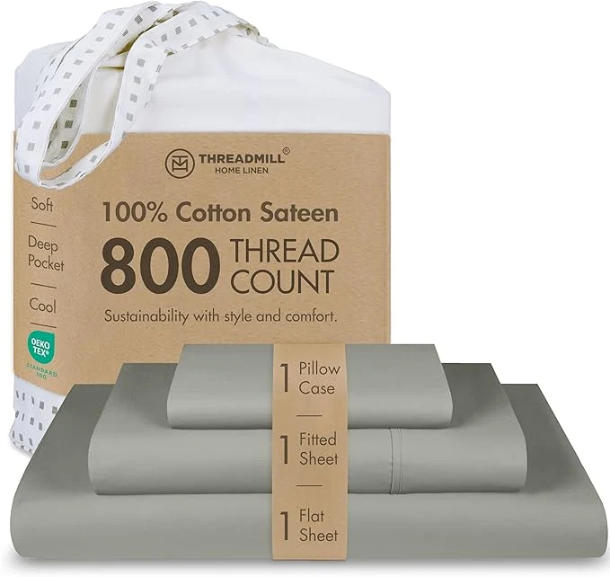 Professional Threadmill Luxury 800 Thread Count Twin Cotton Sheets - Moonrock Grey Sateen Weave Bed-Sheets Better Than Egyptian Cotton 3 Pc Solid Soft Bedding Set Fits 15 quot Deep Pocket Consistent