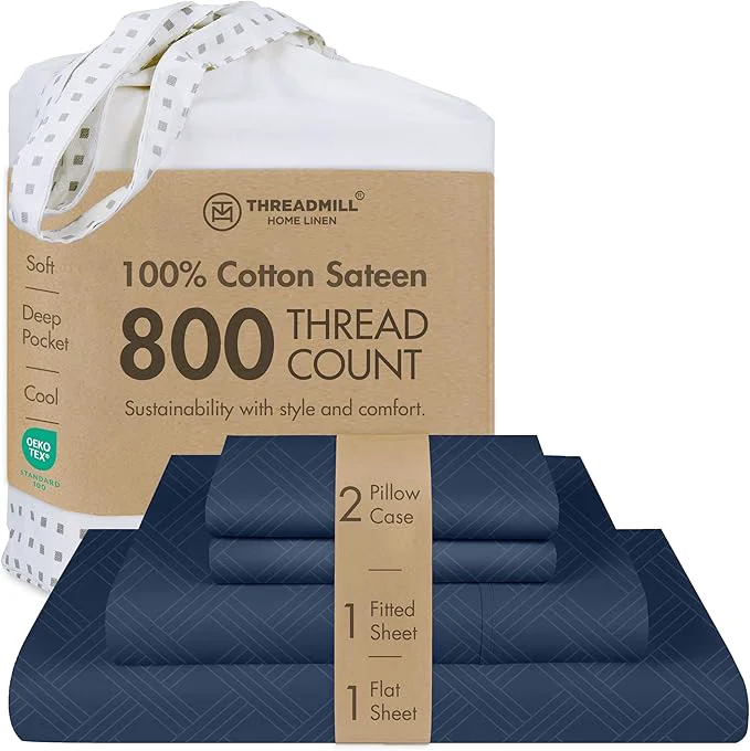 Healthy Threadmill California King Size Sheets 800 Thread Count Jacquard Folkstone Blue 4 Piece Striped Bed Sheets Extra Long Staple Cotton Sheets Luxury Damask Sheet with Elasticized Deep Pocket Effective