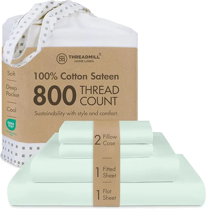 Minimalist Threadmill Queen Sheet Set 800 Thread Count Queen Bed Sheets for Queen Mattress with 16 Deep Pocket Sateen Weave Better Than Egyptian Cotton 4-Piece Bedding Set with Cooling Effect Seaglass Fast