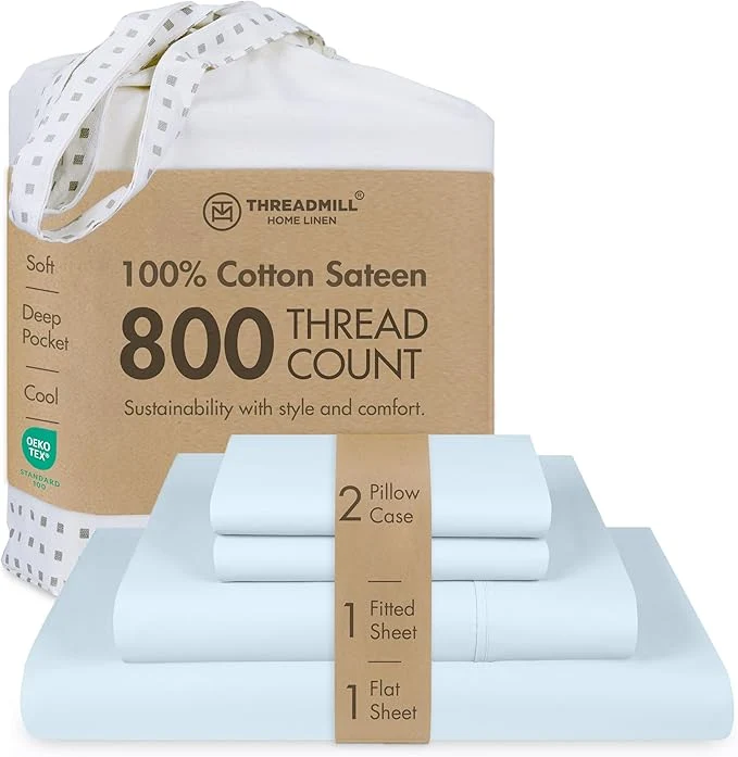 Fashionable Threadmill Luxury 800 Thread Count California King Cotton Sheets - Light Blue Sateen Weave Bed-Sheets Better Than Egyptian Cotton 4 Pc Solid Bedding Set Fits 16 quot Deep Pocket Long-Lasting