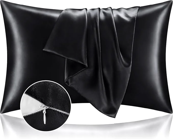 Flexible BEDELITE Satin Pillowcase with Zipper 2 Pack Black Pillow Cases Standard Size Super Soft and Cooling Similar to Silk Pillow Cases Gift for Women Men 20x26 Inches User-Friendly