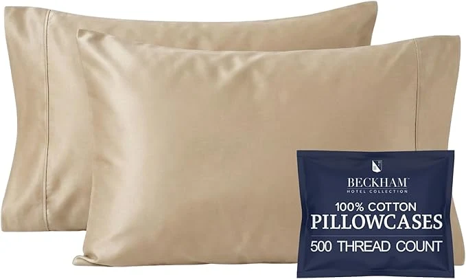 Lightweight Beckham Hotel Collection Pillowcases Queen Size Set of 2 Cool Touch Cotton Sateen Fabric 500TC Silky Smooth amp Soft Open End Sand Versatile