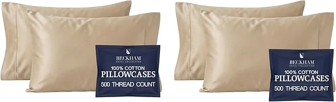 Relaxed Beckham Hotel Collection Cotton Pillowcases Standard Queen 500TC Sateen Finish Open End Breathable Moisture-Wicking Sand 4 Pieces Dependable