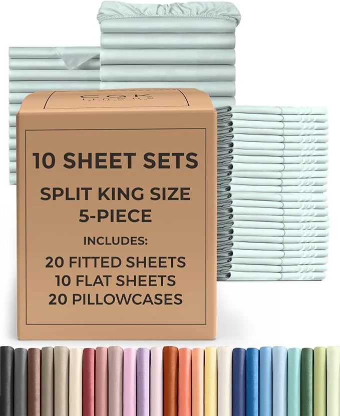 Dependable Bulk Case Pack of 10 Sheet Sets - 10 Complete Split King Size Sheet Sets w Deep Pockets - Whole Bulk Bedding for Hotels Spas amp Airbnbs - Breathable and Wrinkle - Split King Ice Blue Elegant