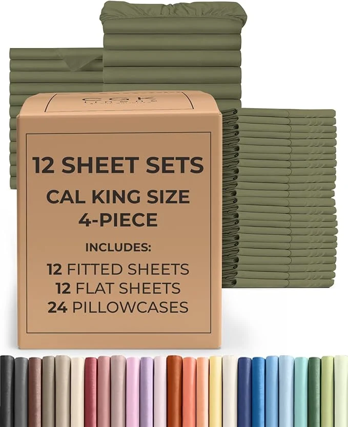 Sustainable Bulk Case Pack of 12 Sheet Sets - 12 Complete Cal King Size Sheet Sets w Deep Pockets - Whole Bulk Bedding for Hotels Spas amp Airbnbs - Breathable Soft amp Wrinkle - Cal King Sage Green Fast