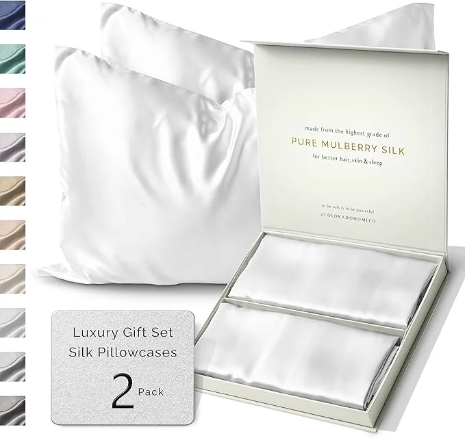 Stylish SUNDAYSILKS™ Silk Pillow Cases 2 PACK 22 Momme Mulberry Silk Pillowcase Set of 2 Standard Queen King Size All Sides Pure Silk Slip Pillowcase Bliss for Women Men with Zipper Pure White Classic