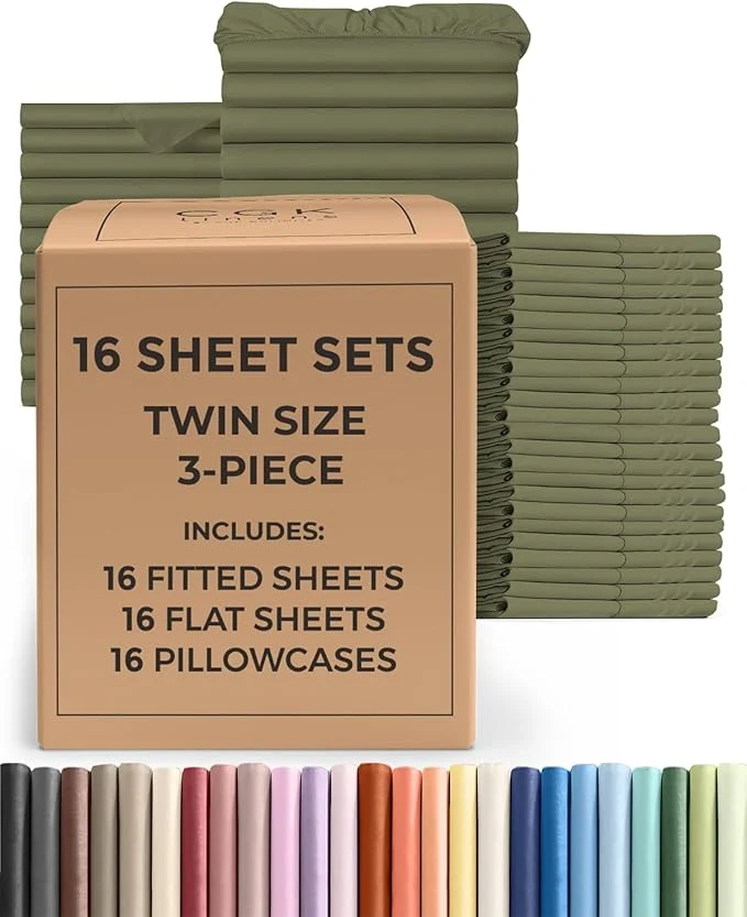 Easy-to-Use Bulk Case Pack of 16 Sheet Sets - 16 Complete Twin Size Sheet Sets with Deep Pockets - Whole Bulk Bedding for Hotels Spas amp Airbnbs - Breathable Cooling and Wrinkle - Twin Sage Green Natural