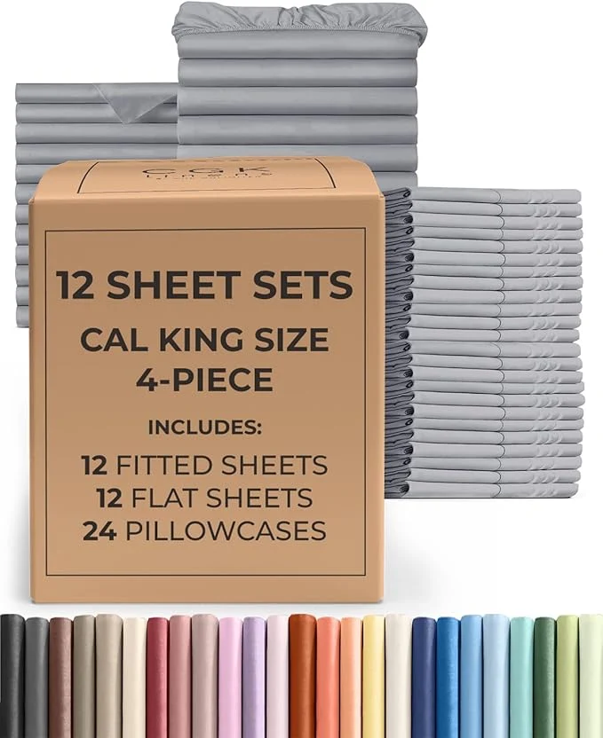 Exclusive Bulk Case Pack of 12 Sheet Sets - 12 Complete Cal King Size Sheet Sets w Deep Pockets - Whole Bulk Bedding for Hotels Spas amp Airbnbs - Breathable Soft amp Wrinkle - Cal King Steel Blue Luxury