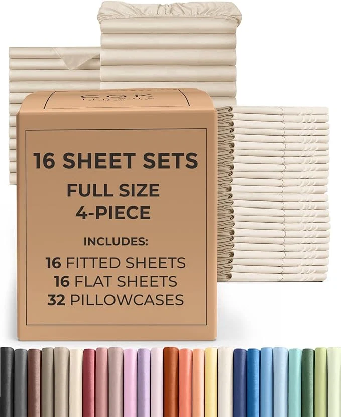 Recyclable Bulk Case Pack of 16 Sheet Sets - 16 Complete Sheet Sets - Bulk Full Bedding - Whole Case Pack for Hotels Spa amp Airbnbs - Deep Pocket Fade amp Wrinkle - Cooling amp Breathable - Full Cream Fine