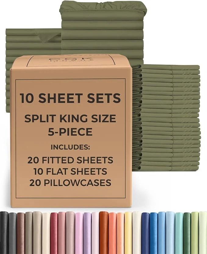 Modern Bulk Case Pack of 10 Sheet Sets - 10 Complete Split King Size Sheet Sets with Deep Pockets - Whole Bulk Bedding for Hotels Spas amp Airbnbs - Breathable amp Wrinkle - Split King Sage Green Original Design