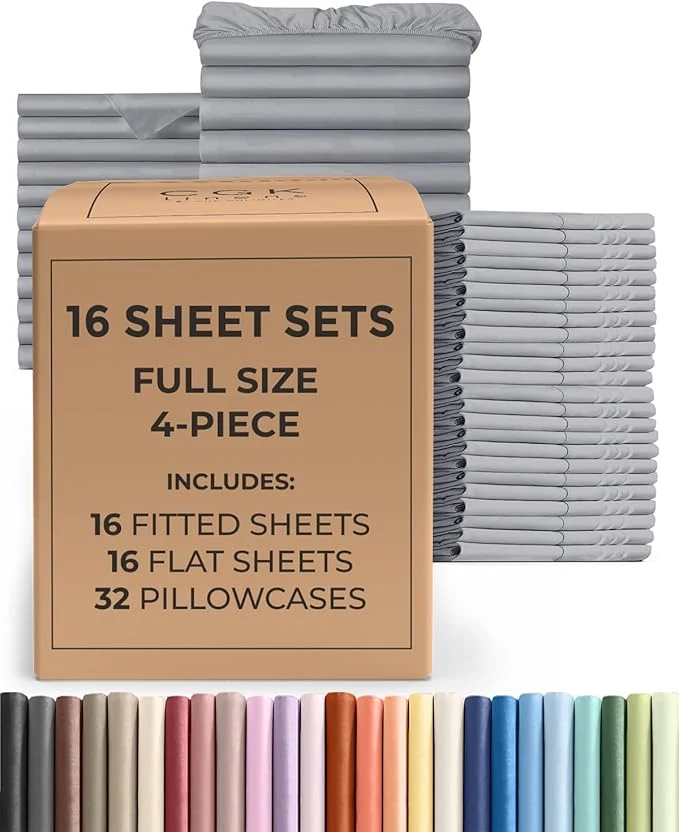 High-End Bulk Case Pack of 16 Sheet Sets - 16 Complete Full Size Sheet Sets with Deep Pockets - Whole Bulk Bedding for Hotels Spas amp Airbnbs - Breathable Cooling and Wrinkle - Full Steel Blue Original