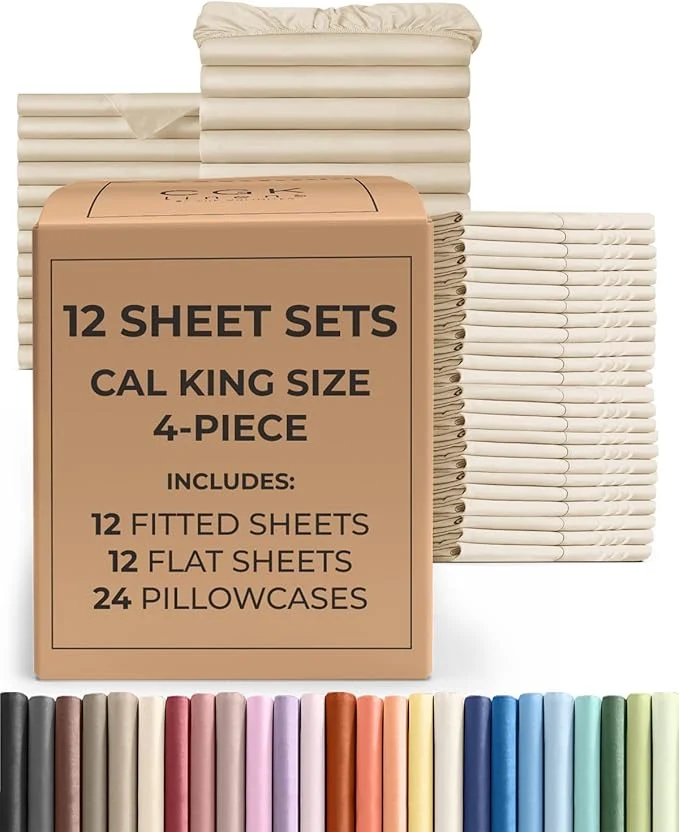 Clean Bulk Case Pack of 12 Sheet Sets - 12 Complete Cal King Size Sheet Sets w Deep Pockets - Whole Bulk Bedding for Hotels Spas amp Airbnbs - Breathable Soft Cozy amp Wrinkle - Cal King Wheat High-Grade