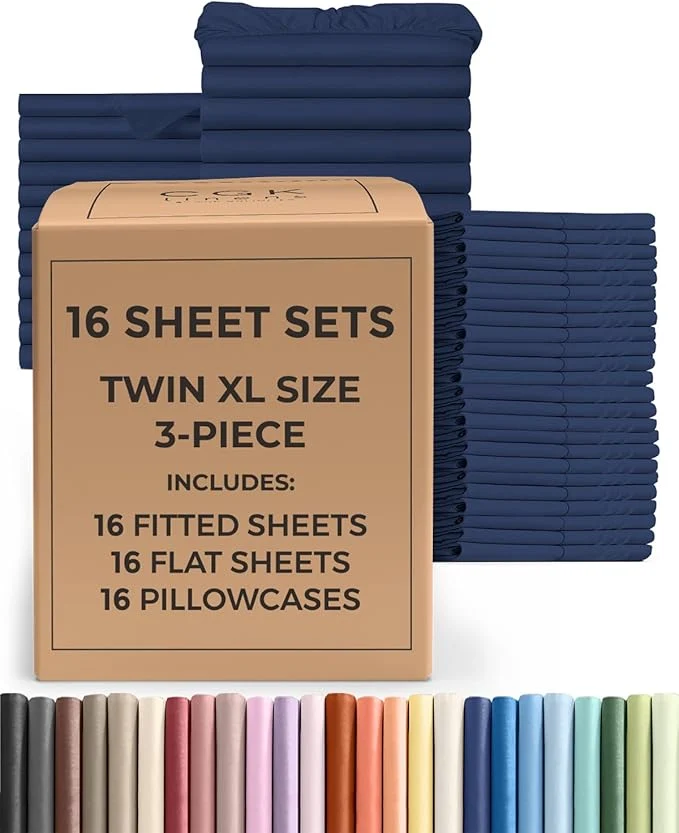 Advanced Bulk Case Pack of 16 Sheet Sets - 16 Complete Twin XL Size Sheet Sets w Deep Pockets - Whole Bulk Bedding for Hotels Spas amp Airbnbs - Breathable Cooling amp Wrinkle - Twin XL Navy Blue Luxury
