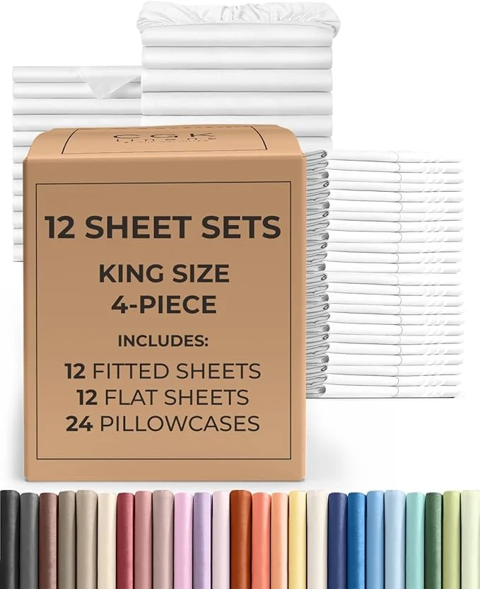 Elegant Bulk Case Pack of 12 Sheet Sets - 12 Complete King Size Sheet Sets with Deep Pockets - Whole Bulk Bedding for Hotels Spas amp Airbnbs - Breathable Cooling Soft amp Wrinkle - King White Long-Lasting