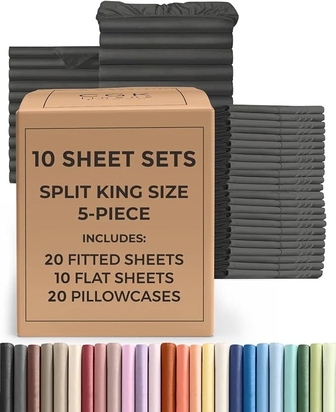 High-Performance Bulk Case Pack of 10 Sheet Sets - 10 Complete Split King Size Sheet Sets w Deep Pockets - Whole Bulk Bedding for Hotels Spas amp Airbnbs - Breathable and Wrinkle - Split King Charcoal Detailed