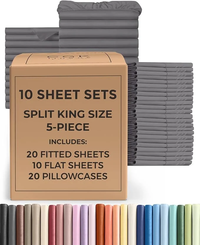 Casual Bulk Case Pack of 10 Sheet Sets - 10 Complete Sheet Sets - Bulk Split King Bedding - Whole Case Pack for Hotels amp Airbnbs - Deep Pocket amp Fade - Cooling amp Breathable - Split King Dark Grey Unique
