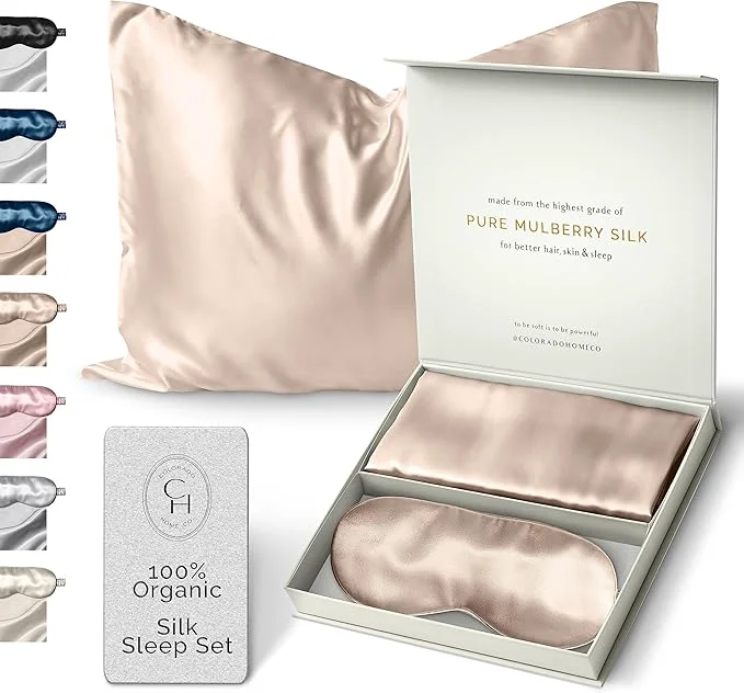 Relaxed Colorado Home Co Silk Pillowcase for Hair and Skin - Nude Champagne Queen Size Silk Pillow Covers - 20x30 - Pillow Case for Acne with Eye Mask for Sleeping Certified