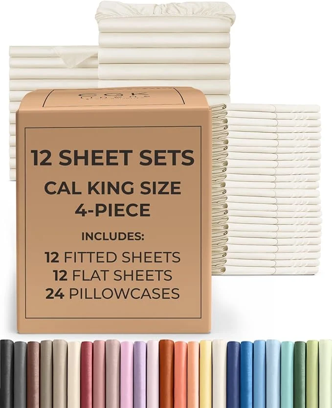 Professional Bulk Case Pack of 12 Sheet Sets - 12 Complete Cal King Size Sheet Sets w Deep Pockets - Whole Bulk Bedding for Hotels Spas amp Airbnbs - Breathable Soft amp Wrinkle - Cal King Off White Refined