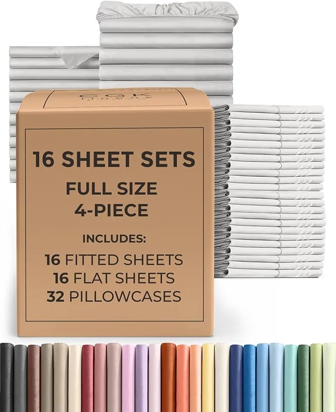 Authentic Bulk Case Pack of 16 Sheet Sets - 16 Complete Full Size Sheet Sets with Deep Pockets - Whole Bulk Bedding for Hotels Spas amp Airbnbs - Breathable Cooling amp Wrinkle - Full French Grey High-Grade